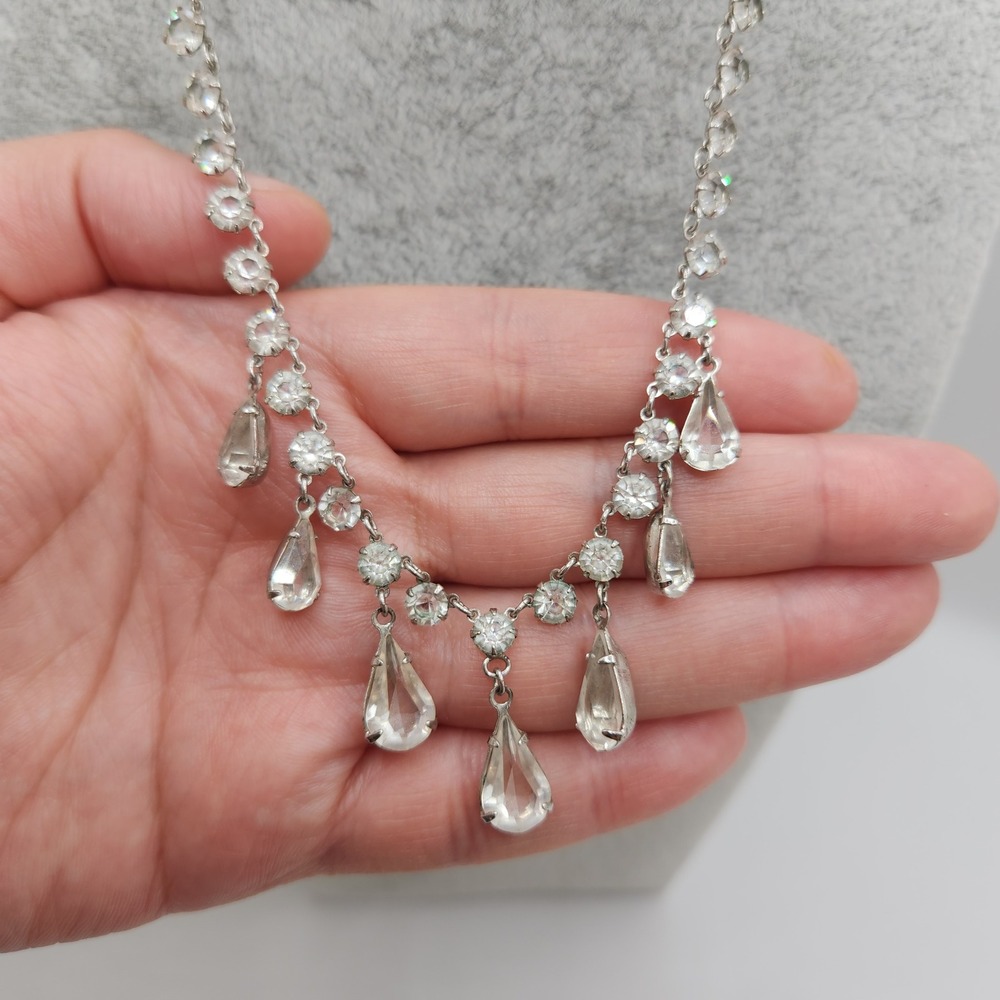 Vintage Art Deco Revival Crystal Festoon Necklace Silver Tone Teardrop 15in